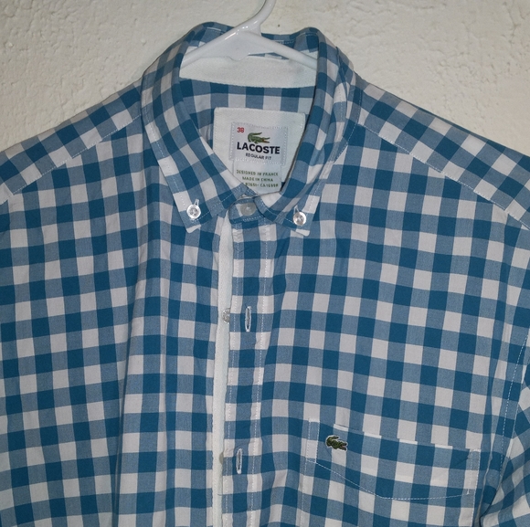 Lacoste Men's Teal Blue & White Checkered Button Down Shirt / M - Picture 6 of 9